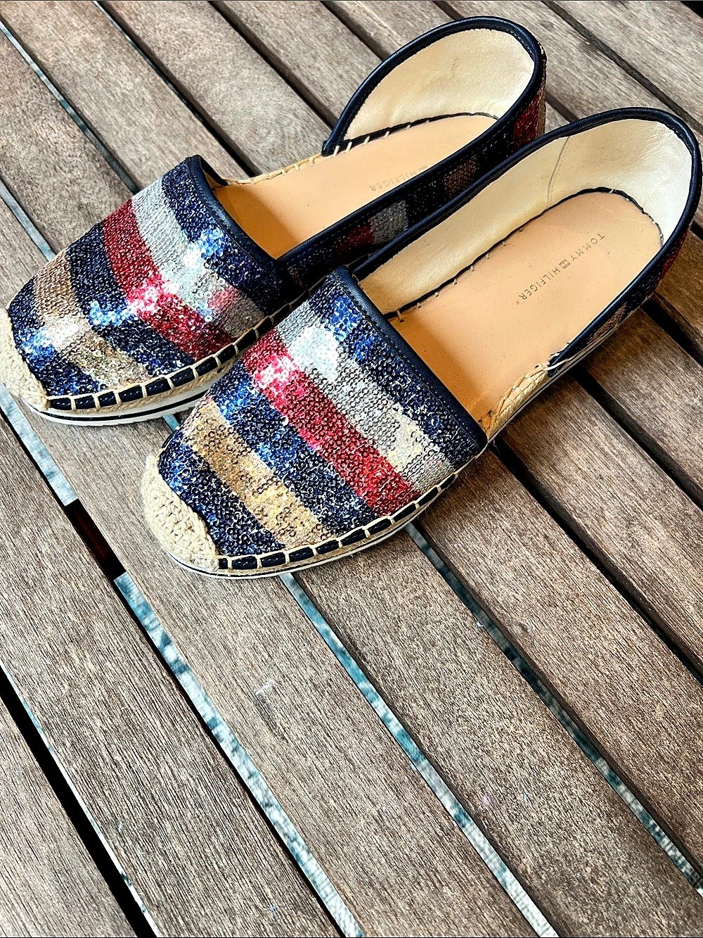 Tommy Hilfiger Sequin Striped Espadrille Flat Flats Blue & Red